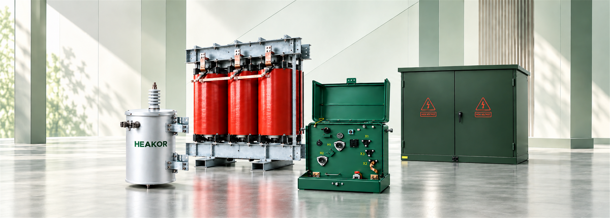 AI-rendered HEAKOR transformer lineup on a pale sage background, shown as a wide product banner.
